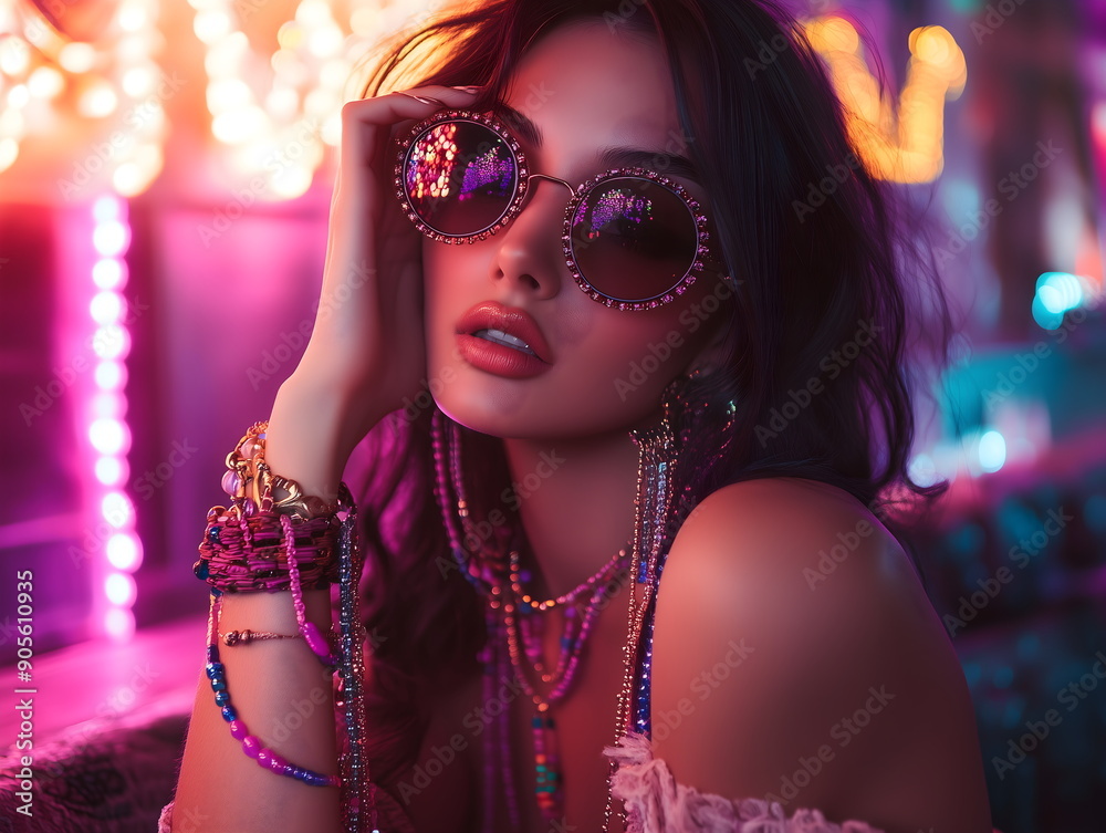 Obraz premium Beautiful young hippie girl in fashionable bohemian style clothes at neon party. Fashionable banner for night club.