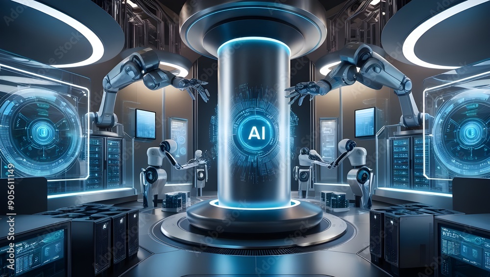 Fototapeta premium Futuristic AI Technology Lab with Holographic Interfaces and Robotic Automation