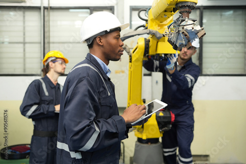 Engineer check and control welding robotics automatic arms machine in intelligent factory automotive industrial with monitoring system software. Digital manufacturing operation.