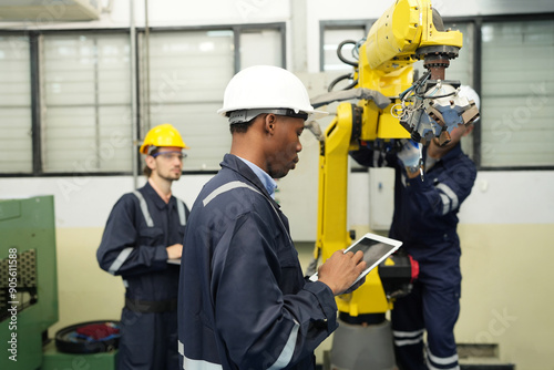 Engineer check and control welding robotics automatic arms machine in intelligent factory automotive industrial with monitoring system software. Digital manufacturing operation.