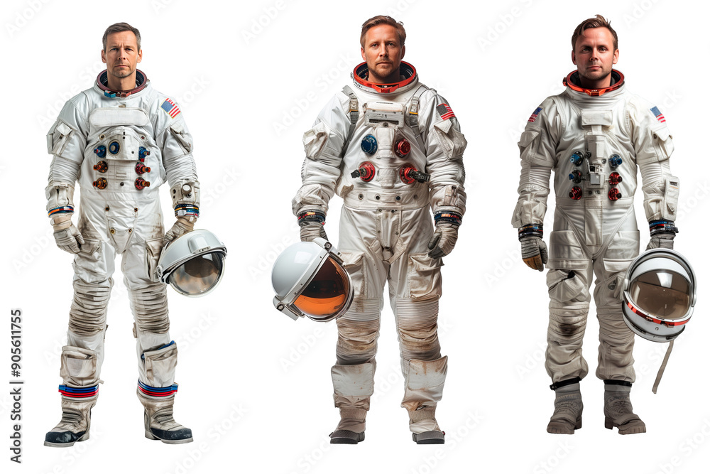 Set of male astronaut isolated on white or transparent background. Close-up of an astronaut in a suit holding a helmet. Set of male astronaut isolated on white or transparent background. Close-up of an astronaut in a suit holding a helmet.