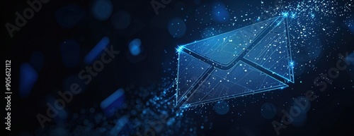 The blue envelope icon is on the right side of an abstract dark background with space for text, symbolizing online communication and e-mail Generative AI