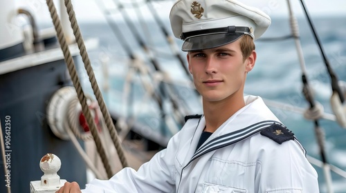 Navy sailor posing on ship deck