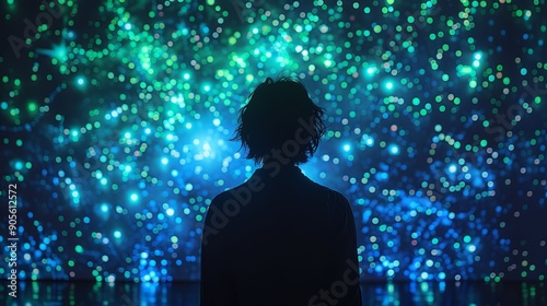 A silhouette against a mesmerizing backdrop of vibrant, twinkling lights, evoking a sense of wonder and exploration.