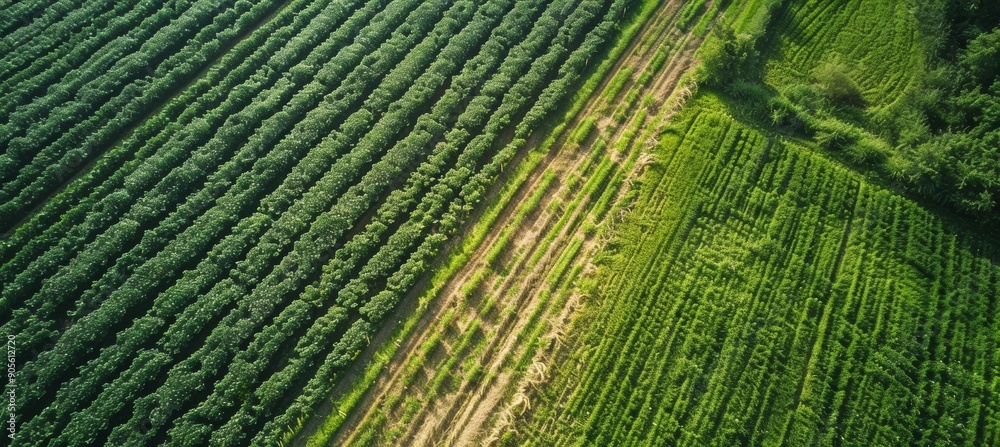 Fototapeta premium Aerial View of Conservation Tillage with Crop Residue and Healthy Green Plants for Agricultural Purposes