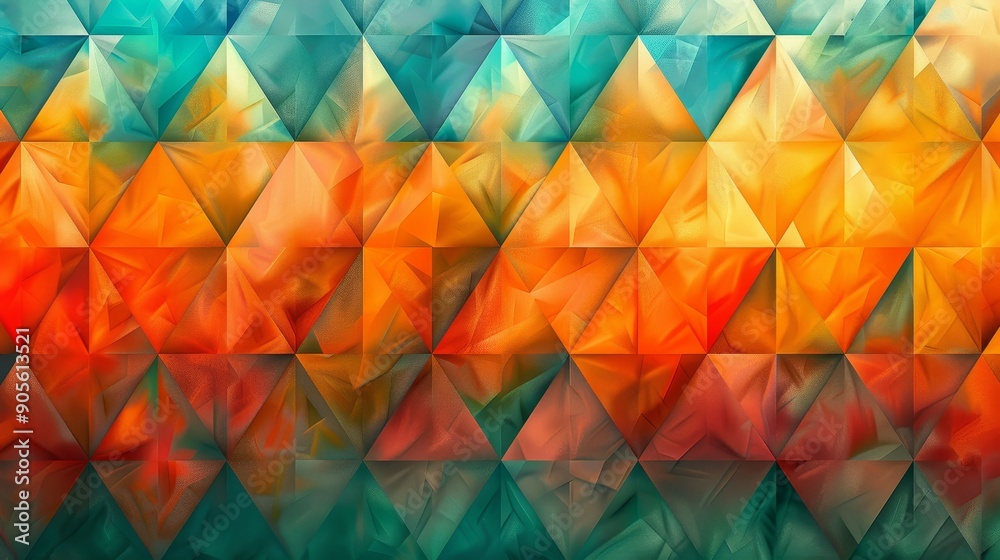 Obraz premium Vibrant abstract background featuring layered triangles in orange, teal, and yellow hues, perfect for modern design projects.
