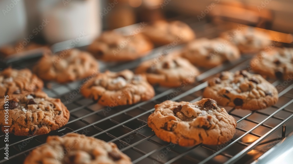 Golden Brown Homemade Cookies Cooling on a Rack in Cozy Home Kitchen Setting Golden Brown Homemade Cookies Cooling on a Rack in Cozy Home Kitchen Setting