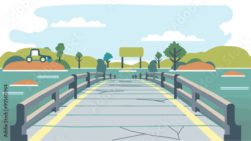 Rural landscape featuring bridge over water leading towards tractor blank billboard. Flat design illustration featuring greens, blues, yellows. Cracked bridge suggests disrepair aging infrastructure