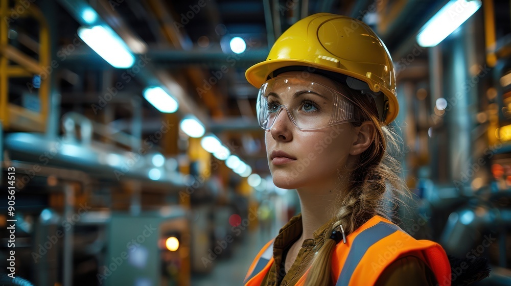 A female industrial worker in safety gear, observing her surroundings in a manufacturing environment, showcasing dedication and professionalism. A female industrial worker in safety gear, observing her surroundings in a manufacturing environment, showcasing dedication and professionalism.