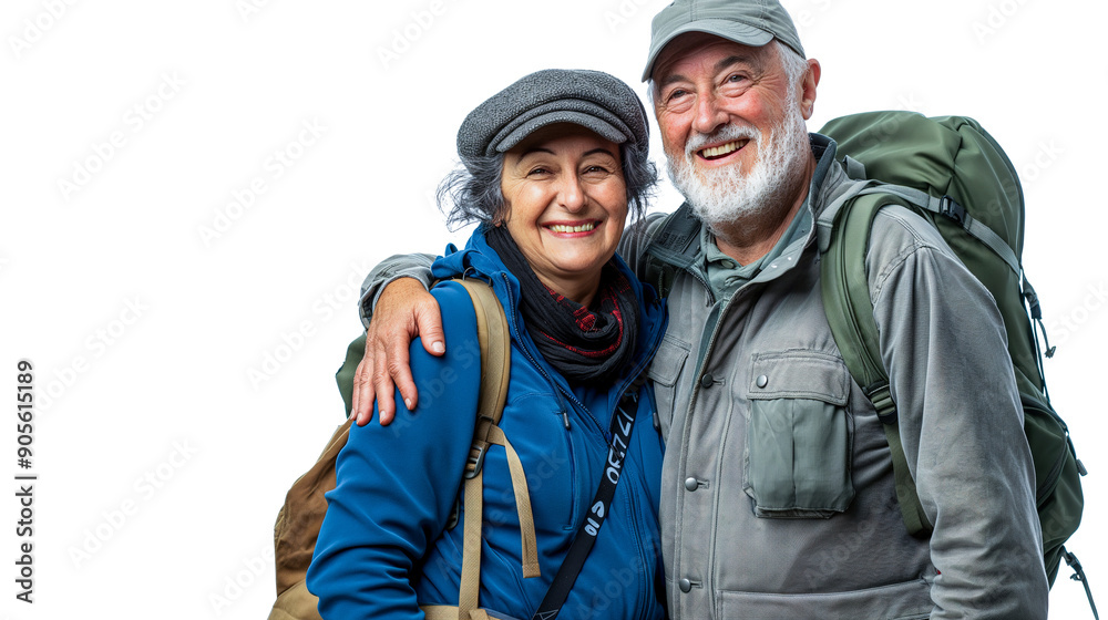 Happy senior couple on a hiking adventure, wearing backpacks and smiling at the camera isolated over a white background, active senior concept Happy senior couple on a hiking adventure, wearing backpacks and smiling at the camera isolated over a white background, active senior concept