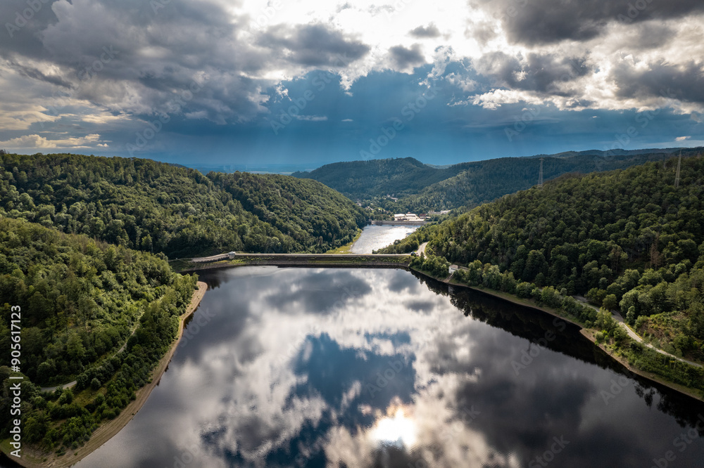 Barrier lake of the Oder river in front of the dam - near the town of Bad Lauterberg, Harz mountains, Lower Saxony, Germany. Aerial view.