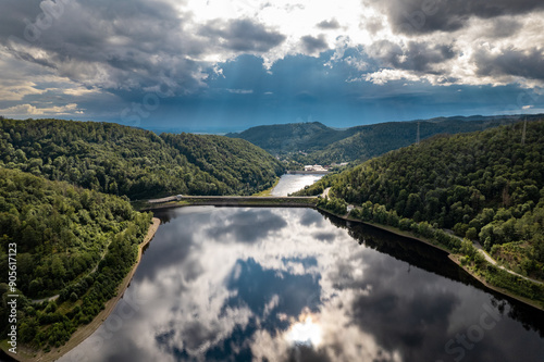 Obraz na płótnie Barrier lake of the Oder river in front of the dam - near the town of Bad Lauterberg, Harz mountains, Lower Saxony, Germany. Aerial view. w salonie