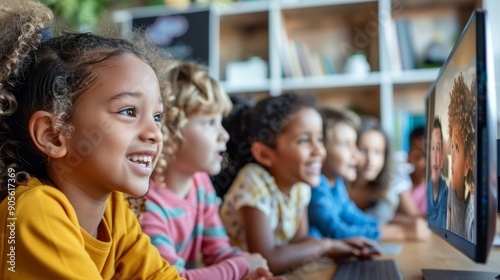 Engaged Children Smiling During Interactive Distance Learning Video Call
