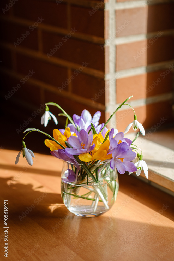 Bouquet of purple crocus in vase. Spring flowers in a vase.