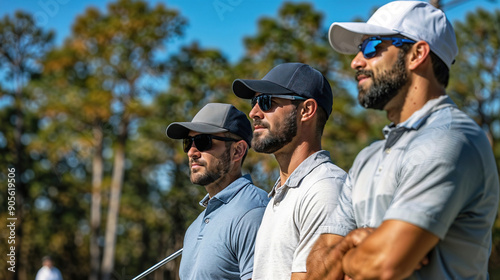 Three men stand on a golf course, wearing caps and sunglasses.