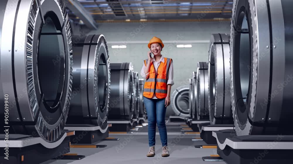 Full Body Of Asian Female Engineer With Safety Helmet Talking On Smartphone While Standing In Metal Factory
