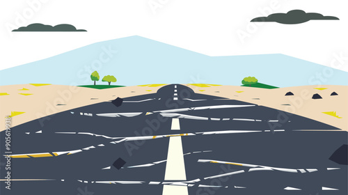 winding road disappearing into distance backdrop mountains clouds. Road covered cracks potholes, suggesting disrepair postdisaster. Cartoon trees flank road, adding touch greenery barren landscape