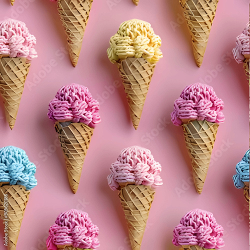 Colorful Ice Cream Cones on Pink Background