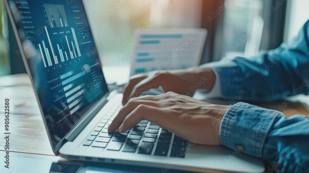 Digital marketing strategist analyzing online ad campaign performance on a laptop with detailed graphical data. Banner ads on internet and social media. Digital marketing strategist analyzing online ad campaign performance on a laptop with detailed graphical data. Banner ads on internet and social media.