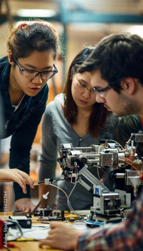 Students Collaborating on Robotic Arm Assembly in High-Tech Laboratory Setting Students Collaborating on Robotic Arm Assembly in High-Tech Laboratory Setting