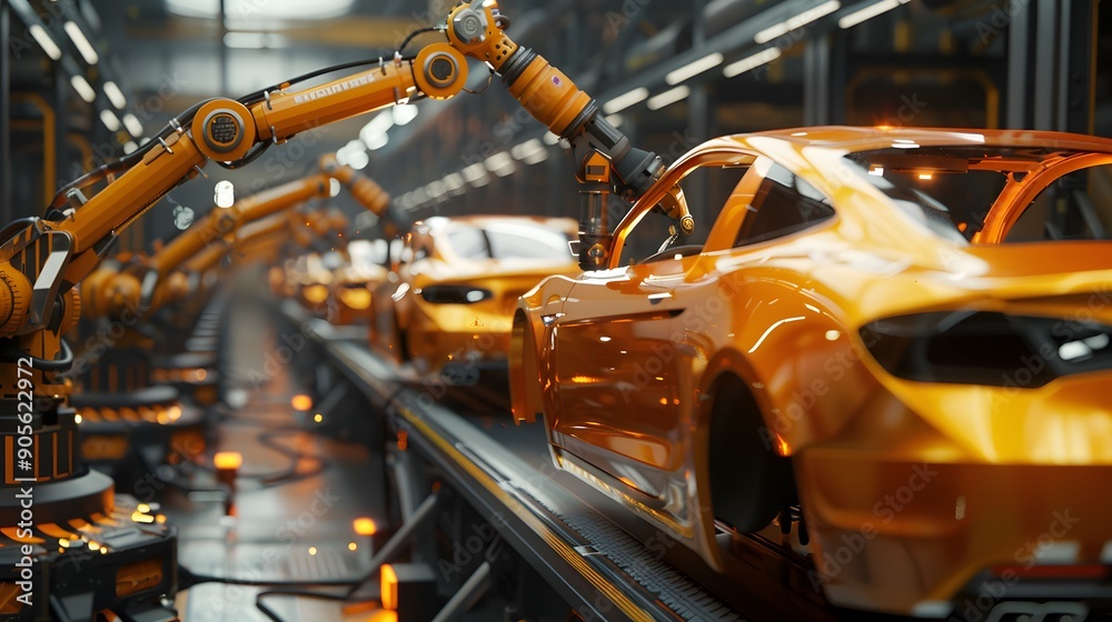 Car production line with robotic arms working on the car body at the factory, high resolution photography Car production line with robotic arms working on the car body at the factory, high resolution photography