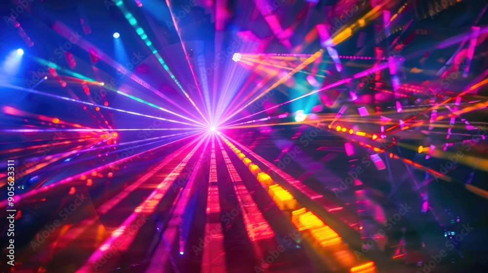 Naklejka premium Luxurious nightlife event featuring a colorful laser show with multiple beams and streams at nightclub or festival