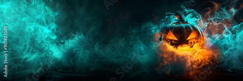 Halloween background with glowing pumpkin in smoky, turquoise and orange colors. 