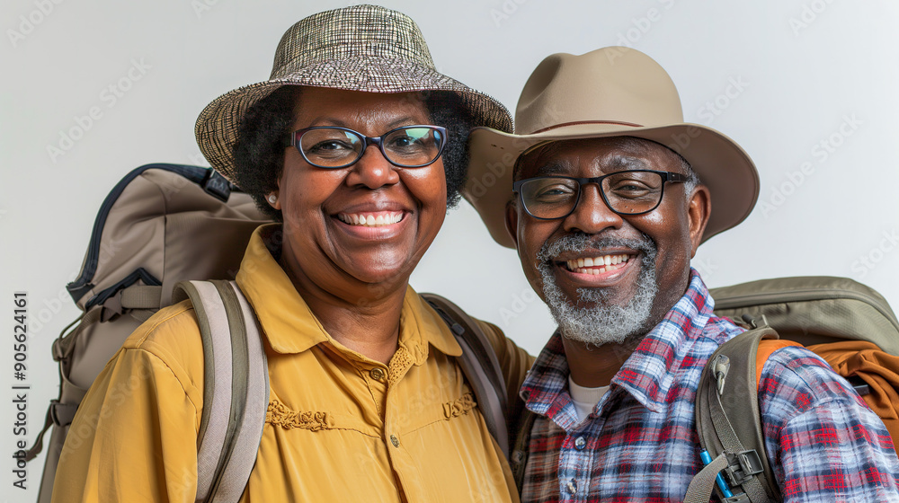 African American couple in their fifties, dressed for hiking and backpacking on an adventure trip, smiling at the camera against a white background