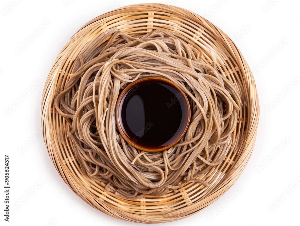A bowl of noodles with sauce and a cup of sauce on top A bowl of noodles with sauce and a cup of sauce on top