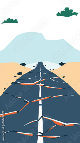 Damaged road cracks leading horizon under blue sky, concept travel disruption. Cracked asphalt symbolizing obstacles challenges path, hills clouds background. Abstract landscape depicting broken