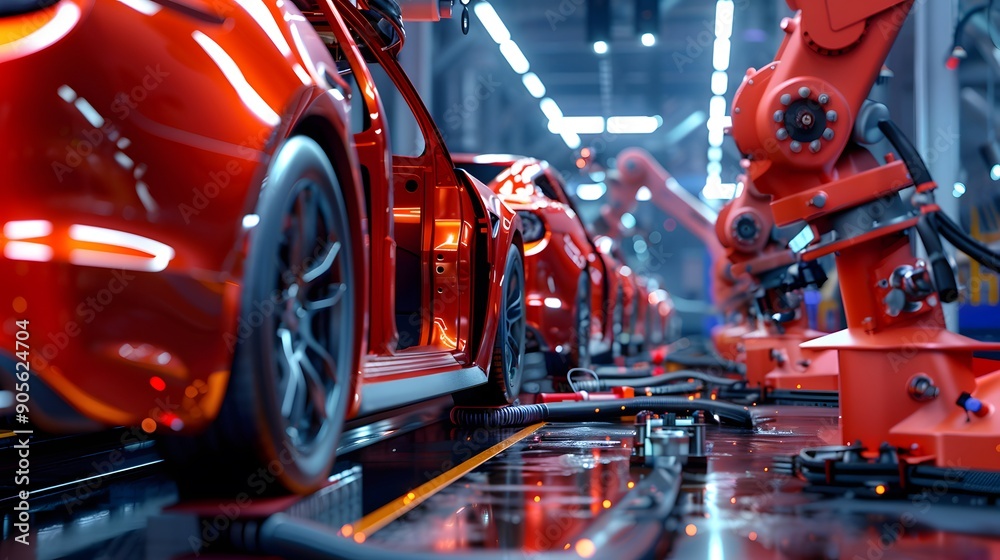 Car production line with robotic arms working on the car body at the factory, high resolution photography Car production line with robotic arms working on the car body at the factory, high resolution photography