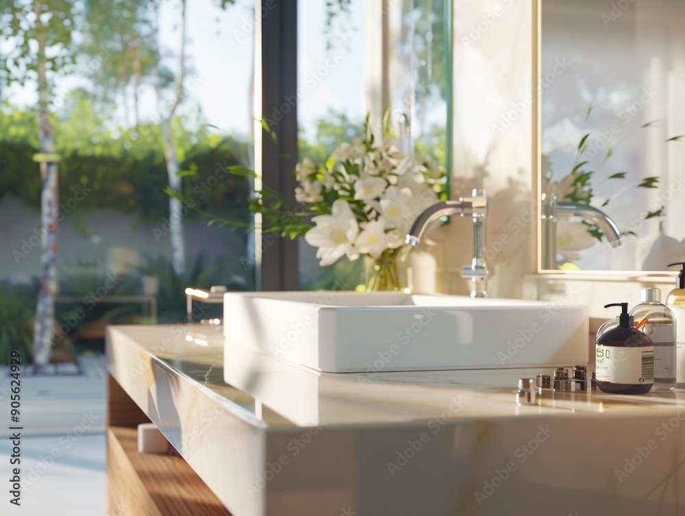 A bathroom sink with a white basin and a bottle of soap on the counter. The sink is surrounded by a mirror and a vase of flowers. The bathroom has a modern and clean design A bathroom sink with a white basin and a bottle of soap on the counter. The sink is surrounded by a mirror and a vase of flowers. The bathroom has a modern and clean design