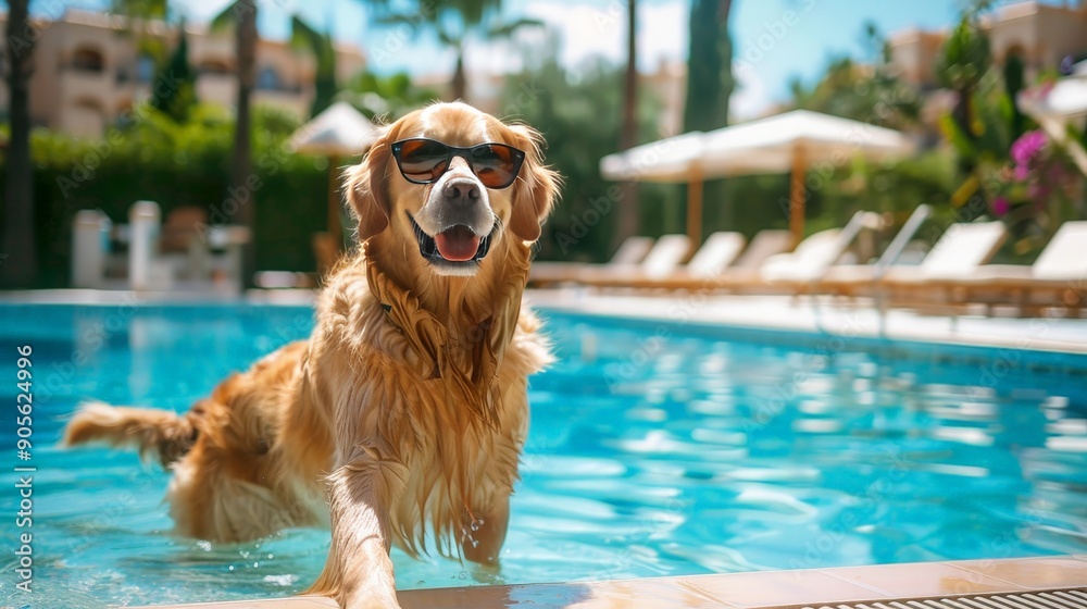 A dog is in a pool wearing sunglasses and a smile A dog is in a pool wearing sunglasses and a smile