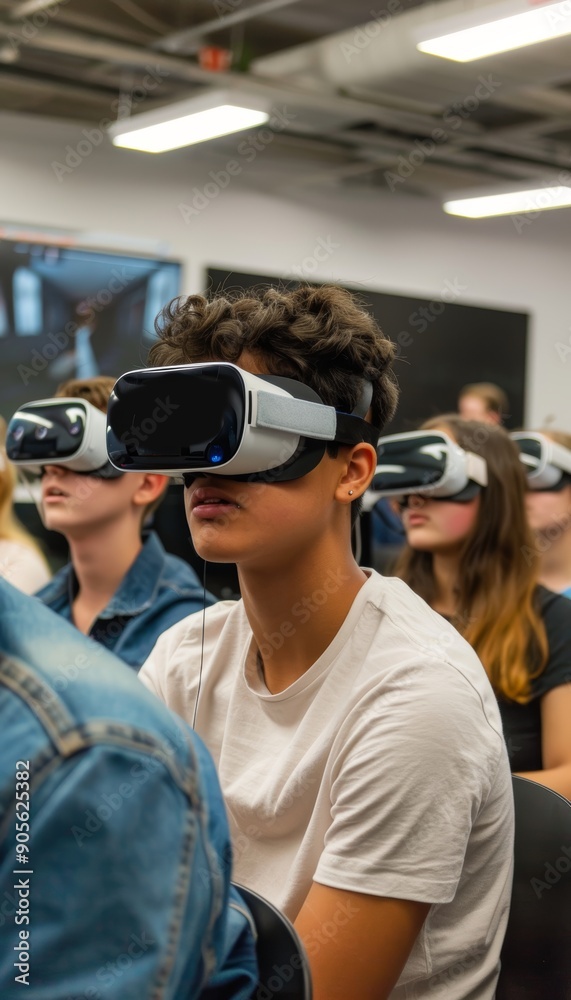 High School Students Using VR Goggles for Virtual Job Shadowing in Modern Classroom Setting High School Students Using VR Goggles for Virtual Job Shadowing in Modern Classroom Setting