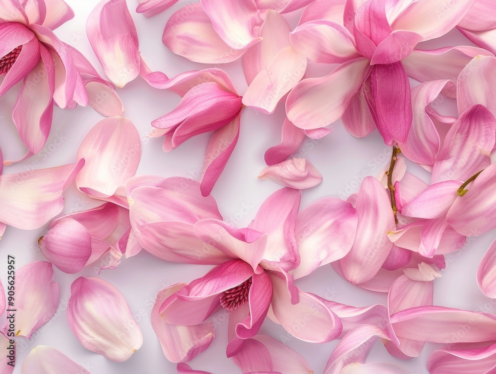 Pink flowers with white petals scattered on a white background. The flowers are in full bloom and their colors are vibrant. Concept of beauty and freshness, as well as the fleeting nature of life Pink flowers with white petals scattered on a white background. The flowers are in full bloom and their colors are vibrant. Concept of beauty and freshness, as well as the fleeting nature of life