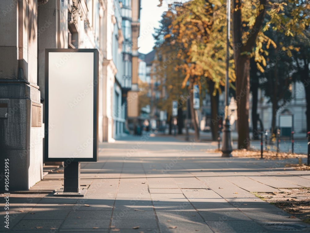 A white billboard is on a sidewalk in front of a building A white billboard is on a sidewalk in front of a building