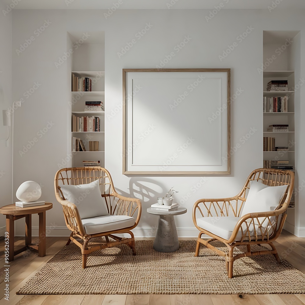 Fototapeta premium Modern bright interior with empty frame . 3D rendering 