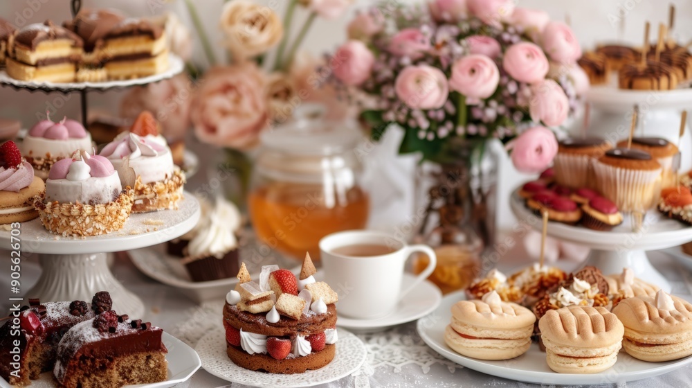 Dessert table featuring an array of cakes, cookies, and pastries, with a cup of tea and a vase of flowers in the background, set in a charming bakery setting. Dessert table featuring an array of cakes, cookies, and pastries, with a cup of tea and a vase of flowers in the background, set in a charming bakery setting.