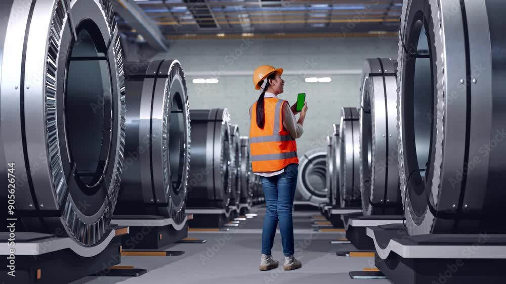 Full Body Back View Of Asian Female Engineer With Safety Helmet Working On A Green Screen Smartphone And Looking Around In Metal Factory Full Body Back View Of Asian Female Engineer With Safety Helmet Working On A Green Screen Smartphone And Looking Around In Metal Factory