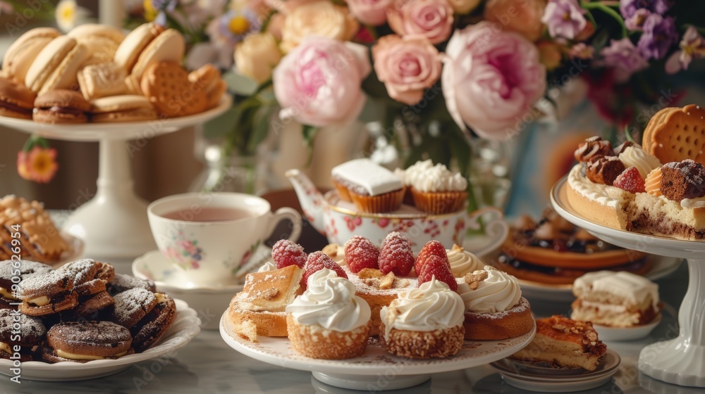 Dessert table featuring an array of cakes, cookies, and pastries, with a cup of tea and a vase of flowers in the background, set in a charming bakery setting. Dessert table featuring an array of cakes, cookies, and pastries, with a cup of tea and a vase of flowers in the background, set in a charming bakery setting.