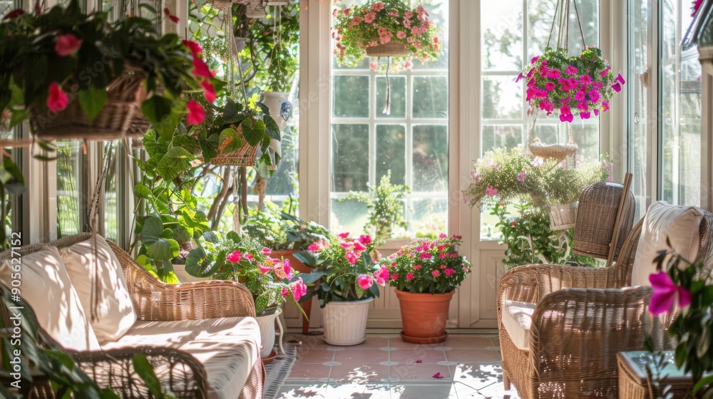 Bright sunlight floods a conservatory adorned with vibrant hanging flowers and potted plants, inviting relaxation. Bright sunlight floods a conservatory adorned with vibrant hanging flowers and potted plants, inviting relaxation.