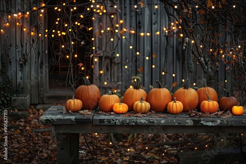 Pumpkins Glowing on a Wooden Table With String Lights photo