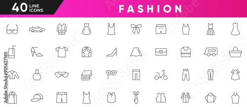 Fashion line icon set. containing tailor, accessories, dress, hoody, pullover, bath suit jacket pants, skirt, jacket, evening dress, cardigan Outline icon collection. UI thin icon pack.