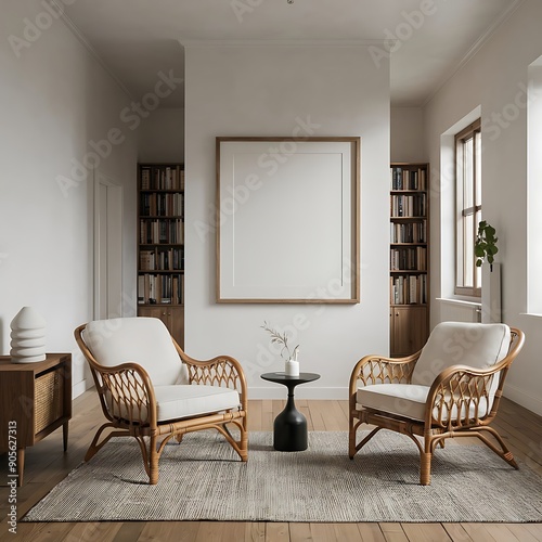 Modern bright interior with empty frame . 3D rendering
