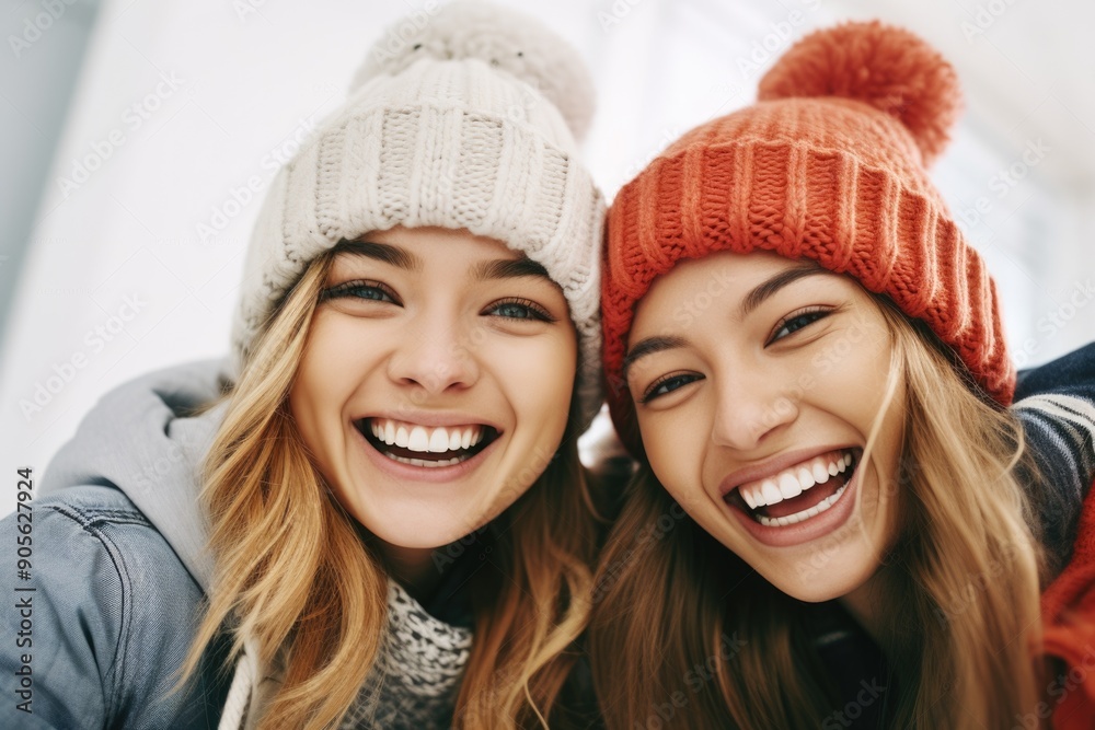 Two women wearing hats and smiling at the camera. The hats are white and orange. Scene is happy and cheerful Two women wearing hats and smiling at the camera. The hats are white and orange. Scene is happy and cheerful
