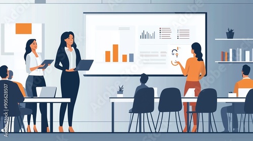 Professional presentation setting with a businesswoman presenting to a group of colleagues