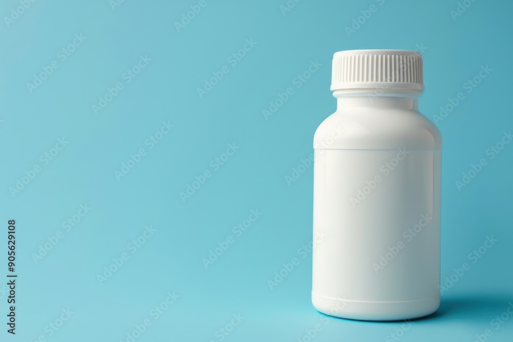 White container holding tablets set against azure background with text area, a wellness remedy in a package, broad design related to medicine White container holding tablets set against azure background with text area, a wellness remedy in a package, broad design related to medicine