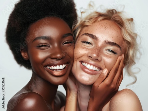 Two women with different skin tones are smiling and hugging each other. Concept of happiness and friendship between the two women