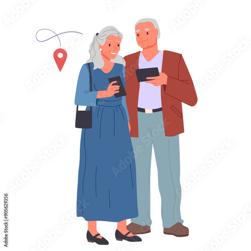 Elderly couple using GPS navigation map in mobile app. Senior man and woman holding smartphones, happy aged grandmother and grandfather characters using cellphone to travel cartoon vector illustration