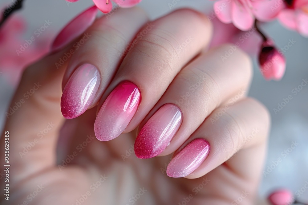 Close-up of Pink and White Gradient Nails with Pink Flowers Close-up of Pink and White Gradient Nails with Pink Flowers